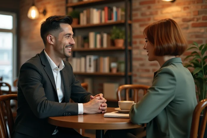 Couple élégant en conversation intime dans un café parisien chaleureux à l'atmosphère authentique