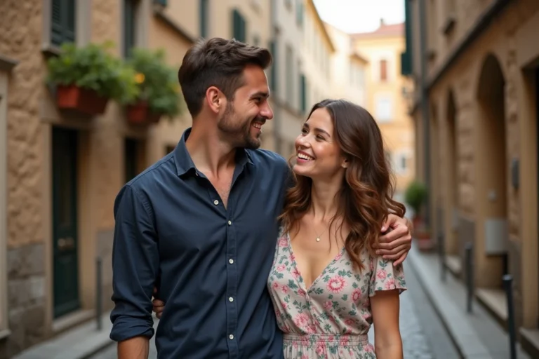 Couple discret se promenant dans une rue pavée européenne, partageant un sourire complice et intime
