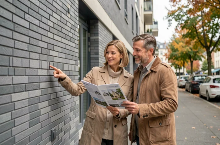 Coppia che esamina un opuscolo immobiliare davanti a un edificio residenziale moderno