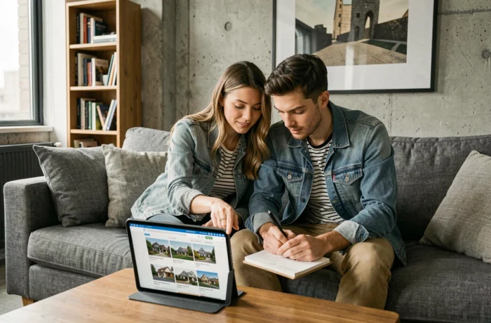 Couple recherchant des annonces immobilières en ligne sur une tablette dans un salon contemporain