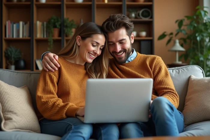 Couple cherchant des entreprises et services locaux ensemble sur un ordinateur portable dans leur salon