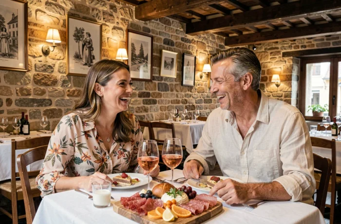 Couple savourant le menu de Pentecôte dans le restaurant L'Entracte Gourmand avec charcuterie et vin rosé dans un cadre en pierre