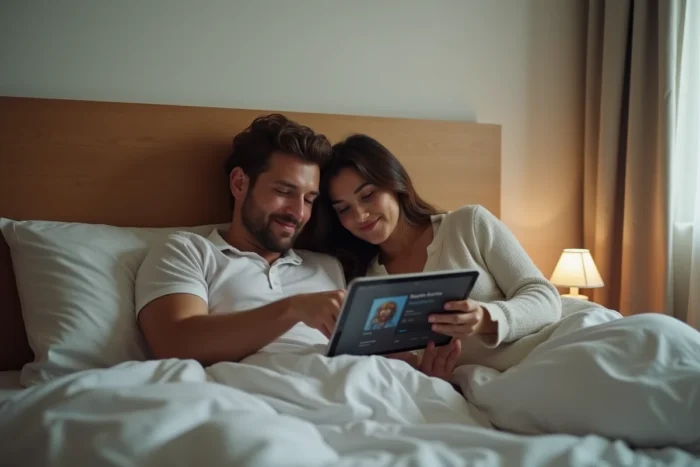 Couple regardant ensemble un film en streaming légal sur une tablette dans leur chambre le soir