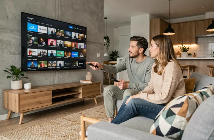 Pareja viendo una aplicación de streaming de TV en una pantalla grande en un apartamento moderno