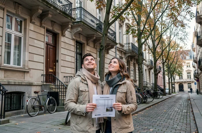 Couple visitant un immeuble résidentiel pour louer un appartement en ville