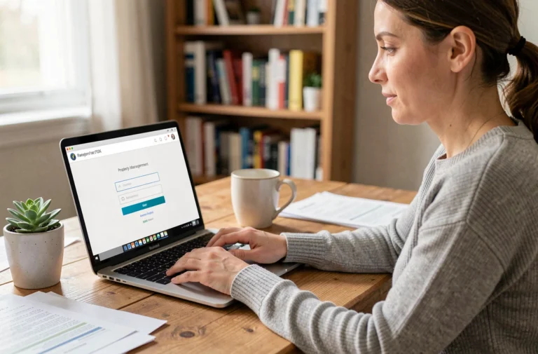 Femme créant un compte sur un portail immobilier en ligne depuis son bureau à domicile