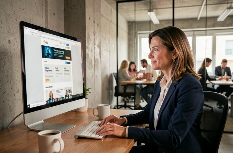 Femme professionnelle en blazer marine consultant une maquette de site web sur un grand écran dans un bureau moderne