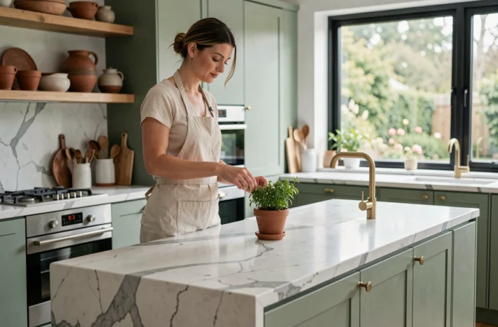 Cuisine moderne style scandinave avec façades vert sauge, plan de travail en marbre et accessoires tendance maison