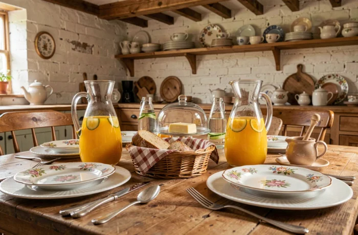 Table de brunch familial en style campagne avec assiettes en porcelaine fleurie, couverts vintage dépareillés, carafe en verre et panier en osier sur une table en bois rustique