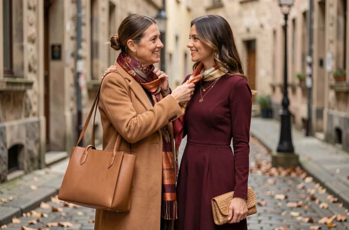 Deux femmes s'aidant à choisir et assortir leurs accessoires de mode dans une rue pavée européenne