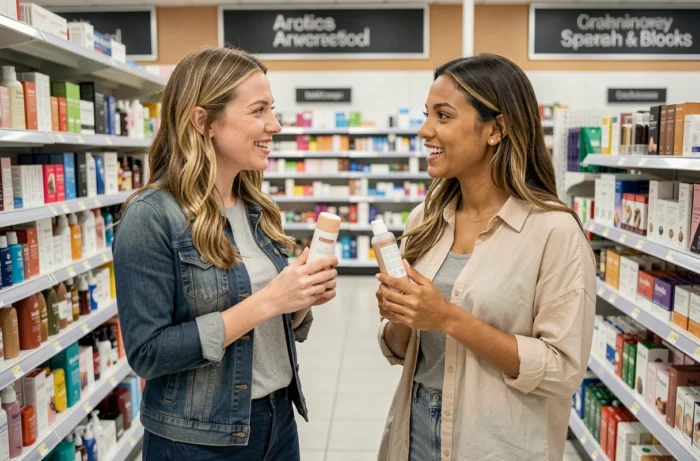 Deux femmes discutant de produits beauté dans un rayon de parfumerie, avis et comparatif shopping beauté