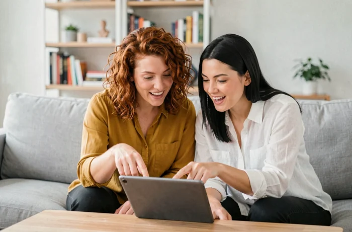 Deux femmes naviguant ensemble sur une tablette pour faire des achats sur une plateforme en ligne