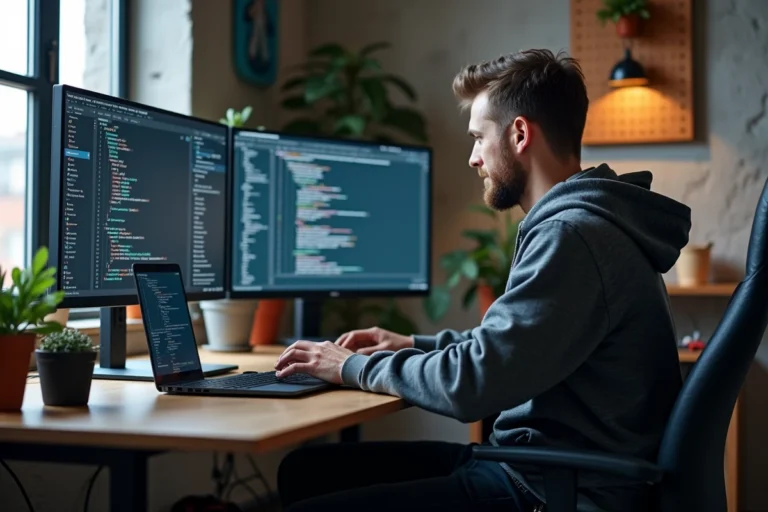 Développeur informatique travaillant sur un double écran dans un bureau moderne en 2024