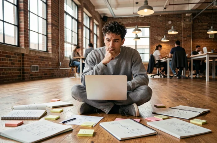 Développeur web travaillant au sol dans un espace de coworking entouré de schémas UX et de notes de stratégie digitale