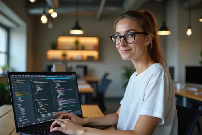 Développeuse utilisant VS Code sur laptop dans un open space de startup tech