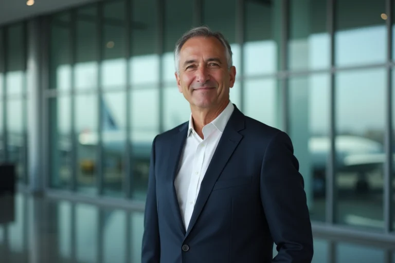 Dirigeant d'une grande entreprise aérospatiale en costume sombre dans un hall d'entreprise moderne avec des silhouettes d'avions en arrière-plan