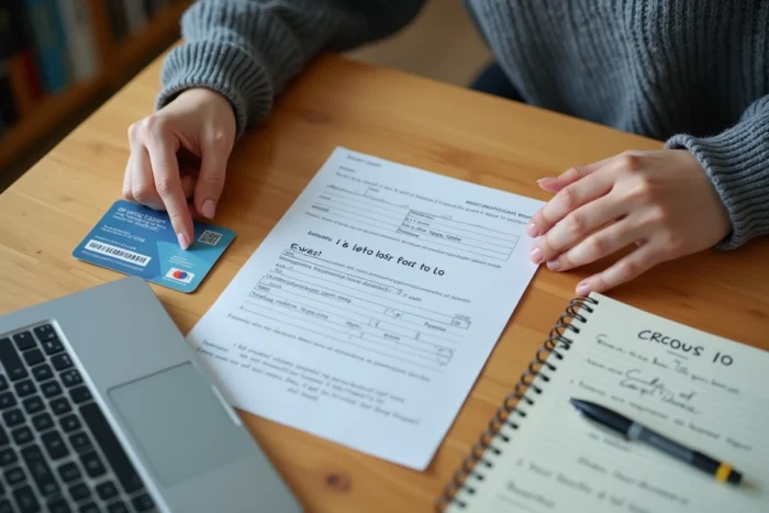 Documents CVEC et attestation CROUS posés sur un bureau d'étudiant avec ordinateur portable et carnet de notes