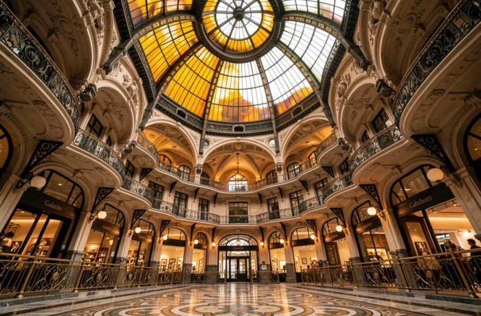 Vue intérieure du dôme Art Nouveau emblématique des Galeries Lafayette à Paris, avec ses balcons en fer forgé et sa verrière colorée