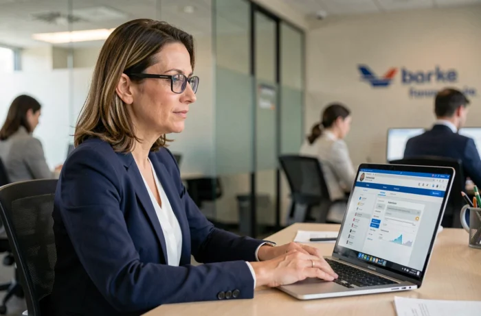 Employée Air France accédant au portail IPN sur son ordinateur portable dans un bureau moderne
