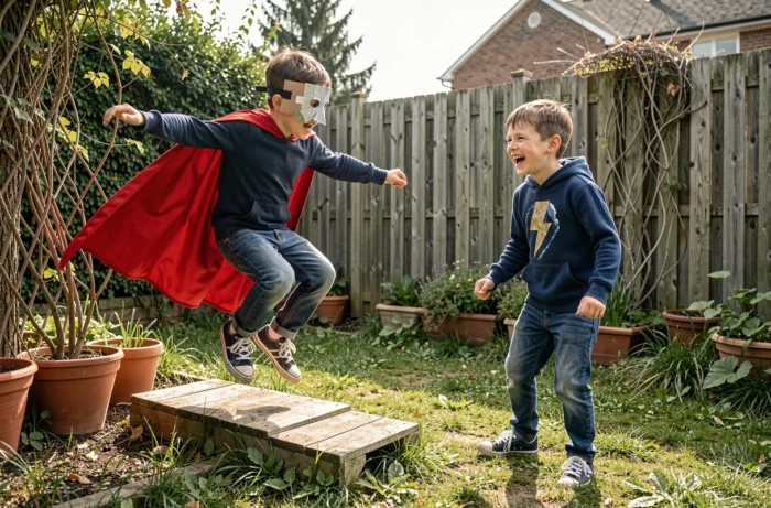 Deux garçons en tenues de super-héros faites maison jouant dans un jardin ensoleillé avec une énergie joyeuse et spontanée