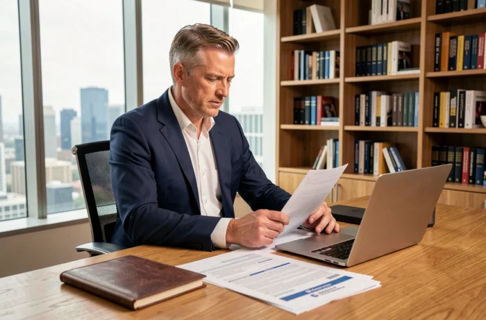 Entrepreneur en costume marine assis à son bureau avec des documents financiers, illustrant les stratégies de réussite financière