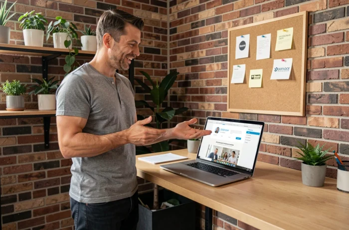 Homme entrepreneur debout devant un ordinateur portable affichant un site web professionnel dans un espace de coworking