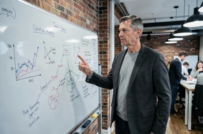 Entrepreneur debout devant un tableau blanc avec des graphiques financiers dans un espace de coworking moderne