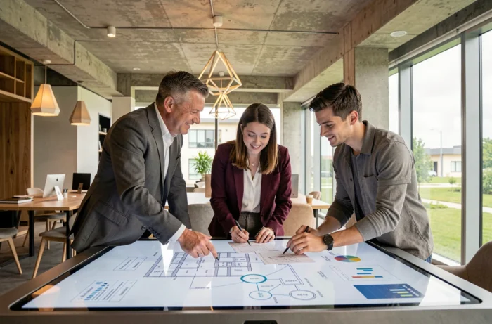 Équipe de professionnels collaborant sur des projets d'innovation dans un espace coworking moderne à Paris-Saclay