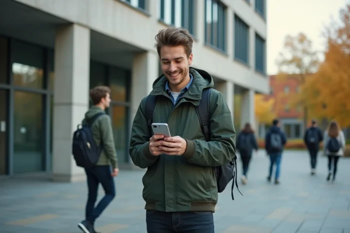 Étudiant consultant son numéro CVEC validé sur smartphone devant un bâtiment administratif universitaire du CROUS