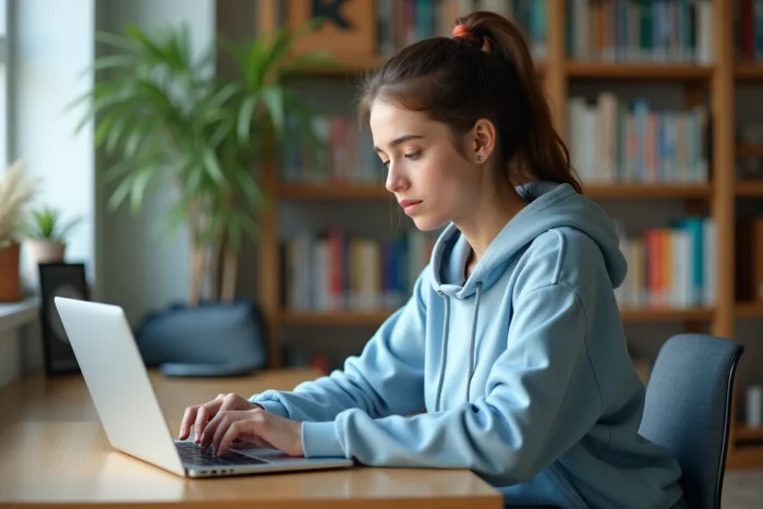 Étudiante remplissant sa demande de numéro CVEC en ligne sur son ordinateur portable dans sa chambre de résidence universitaire CROUS
