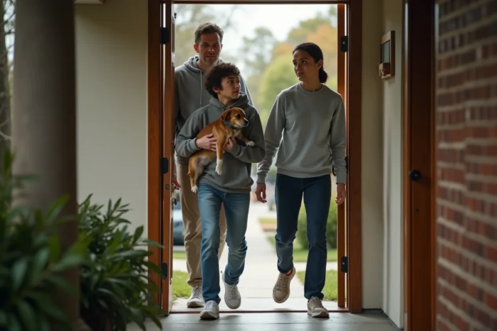 Famille évacuant rapidement leur maison en cas d'odeur de gaz dangereuse