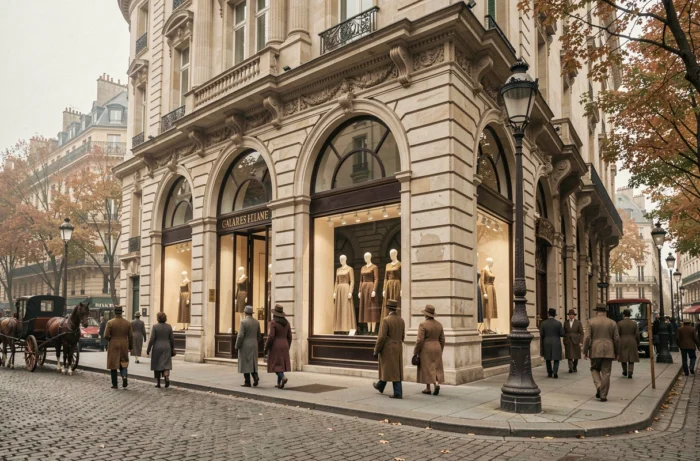Escena de calle vintage de principios del siglo XX frente a la fachada histórica de las Galerías Lafayette boulevard Haussmann en París