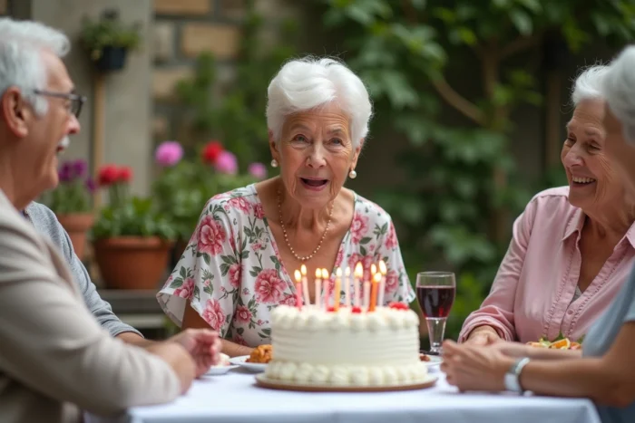 Femme de 70 ans soufflant les bougies de son gâteau d'anniversaire entourée d'amies dans un jardin festif