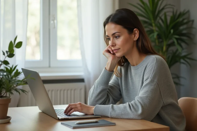 Femme consultant les actualités en ligne sur son ordinateur portable dans un bureau à domicile moderne