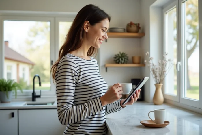 Jeune femme suivant les actualités en ligne sur une tablette dans une cuisine moderne le matin
