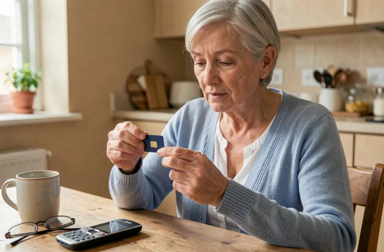 Une femme âgée examine une carte SIM à côté de son téléphone Doro à la maison