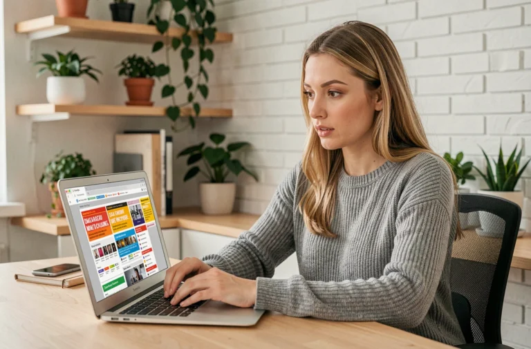 Femme consultant des annonces en ligne sur un ordinateur portable dans un bureau moderne à domicile