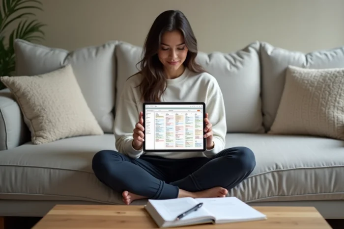 Jeune femme consultant une application de planification Kanban sur tablette assise sur un canapé dans un salon moderne