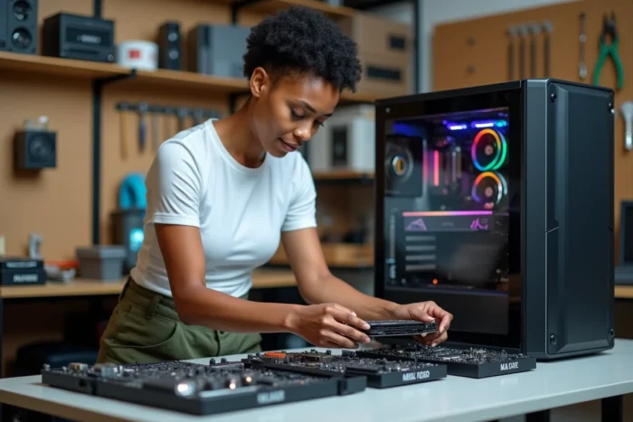 Femme assemblant un PC gamer personnalisé dans un atelier de montage informatique