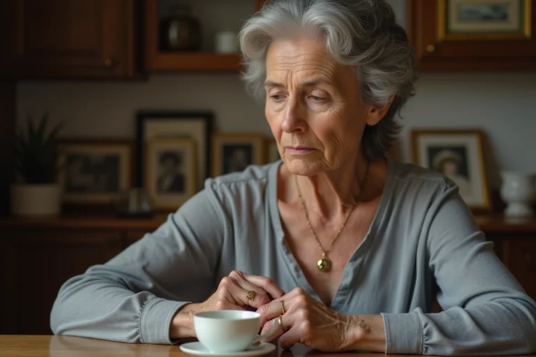 Femme âgée tenant avec émotion un médaillon en or hérité d'un proche décédé