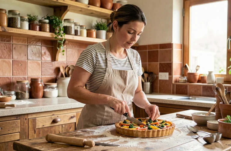 Femme en tablier de lin dressant une tarte aux légumes colorée dans une cuisine rustique avec étagères en bois et herbes fraîches