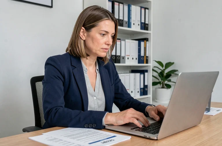 Femme consultant des documents financiers pour demander une rallonge de prêt personnel à son bureau à domicile