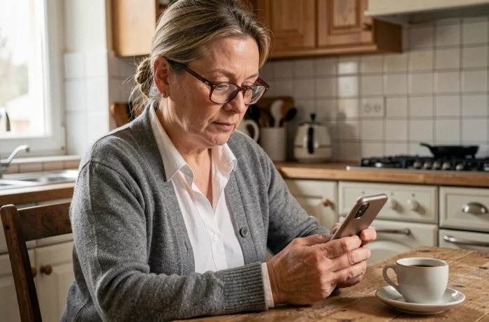 Femme d'âge mûr rédigeant un email à la CAF depuis son smartphone dans une cuisine française
