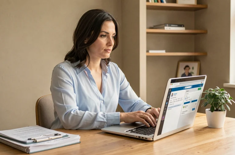 Femme tapant un email à un expert CAF sur son ordinateur portable dans un bureau à domicile organisé