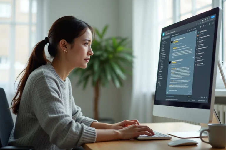 Femme vérifiant des emails spam sur son ordinateur dans un bureau à domicile minimaliste