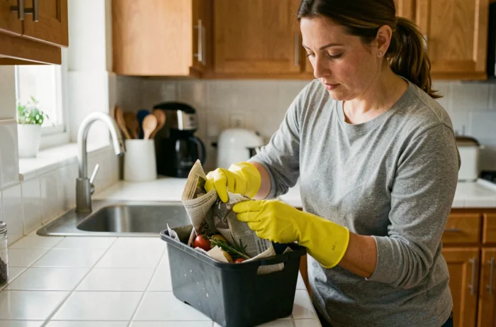 Donna che avvolge rifiuti organici in carta di giornale prima di buttarli, gesto preventivo contro le larve nel bidone della cucina