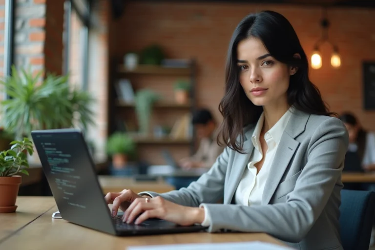 Femme professionnelle suivant une formation web dans un espace de coworking moderne, tapant sur un ordinateur portable avec du code visible à l'écran