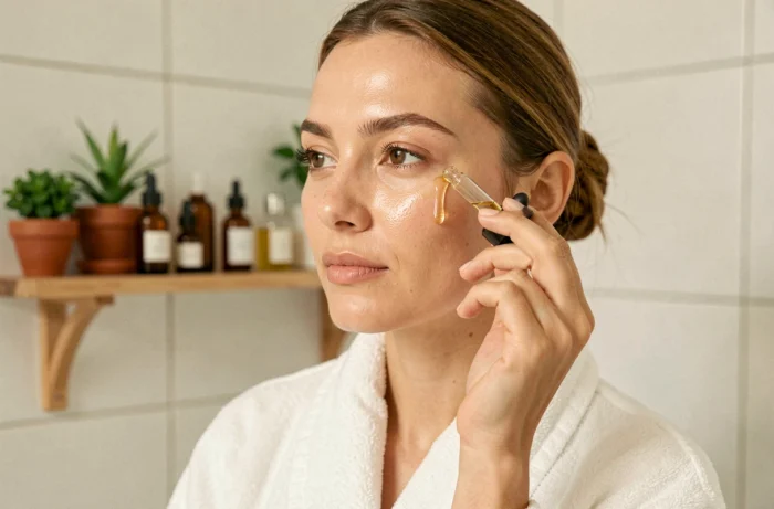 Femme appliquant de l'huile d'argan sur sa peau dans une salle de bain naturelle et apaisante
