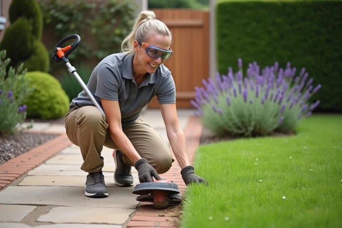 Femme inspectant la bordure de pelouse après utilisation d'un coupe-bordure thermique
