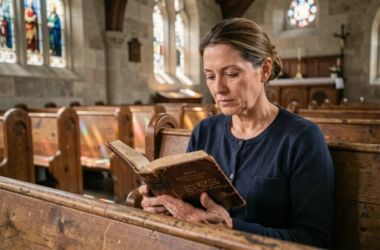 Femme lisant la Bible dans une chapelle en pierre, réflexion spirituelle chrétienne
